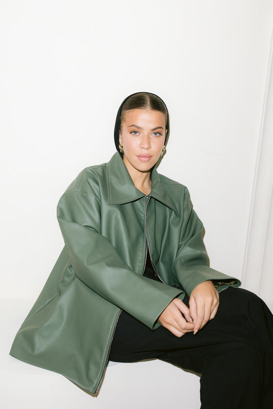 Oversized Straight Leather Jacket - Olive