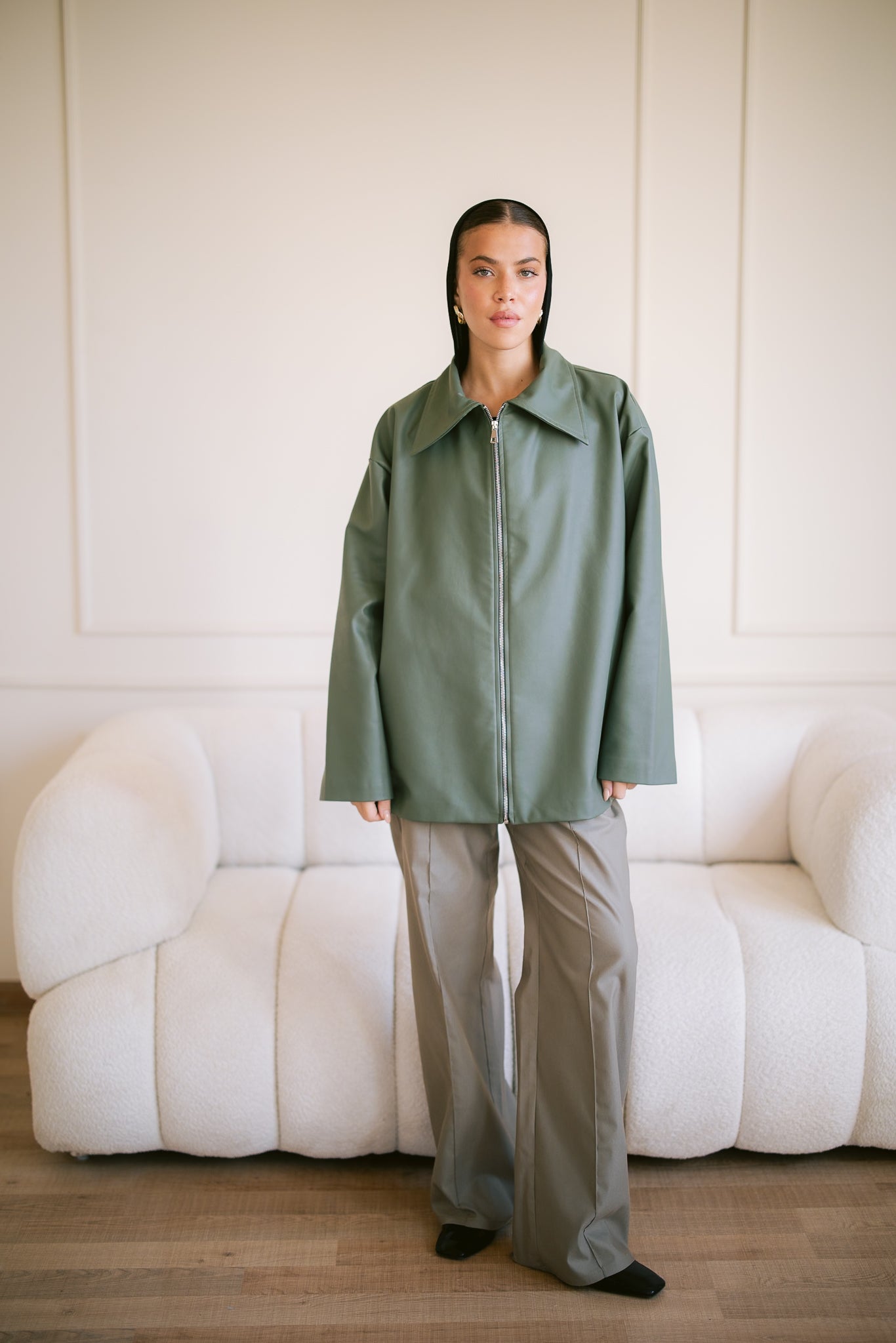 Oversized Straight Leather Jacket - Olive
