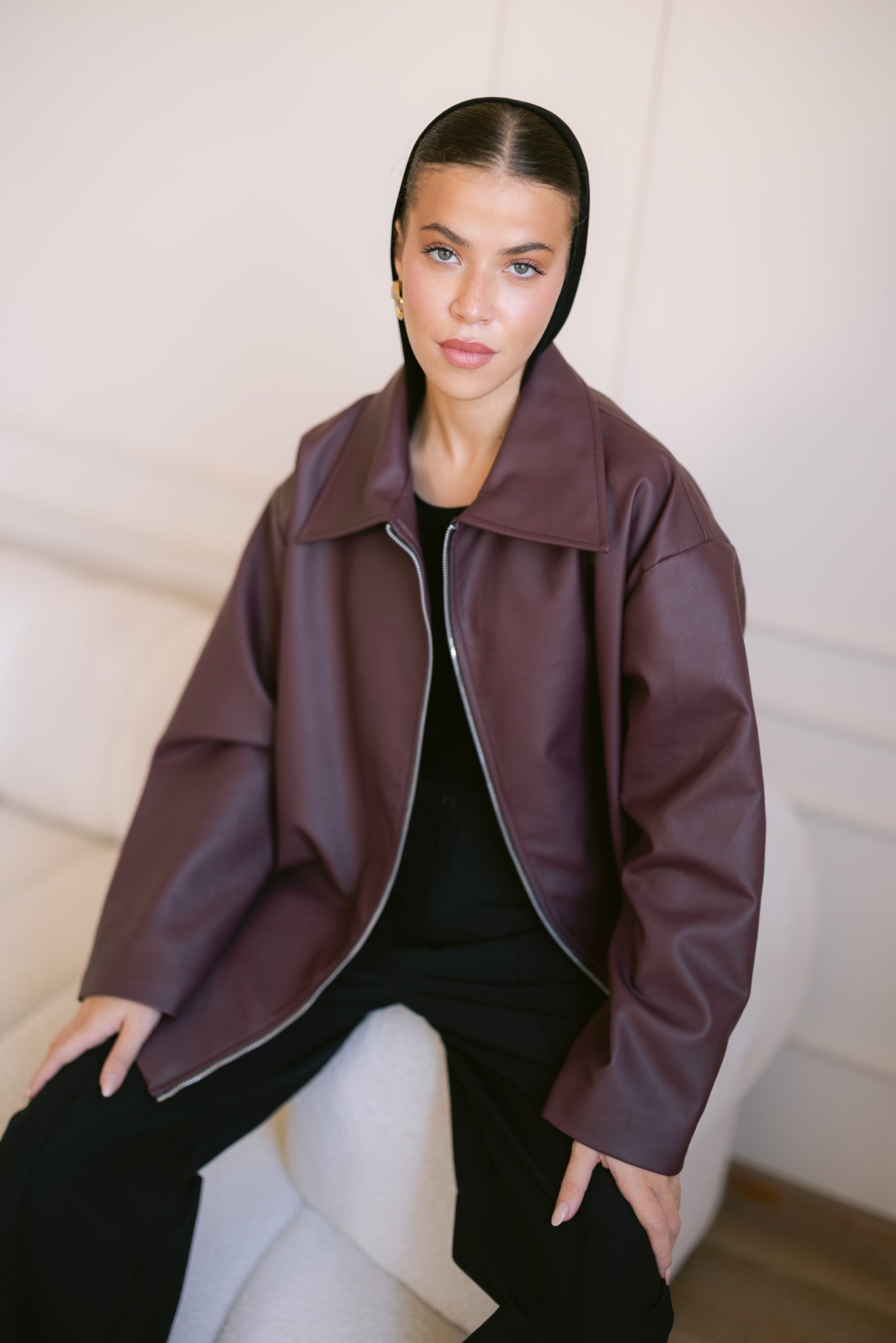 Oversized Straight Leather Jacket - Burgundy