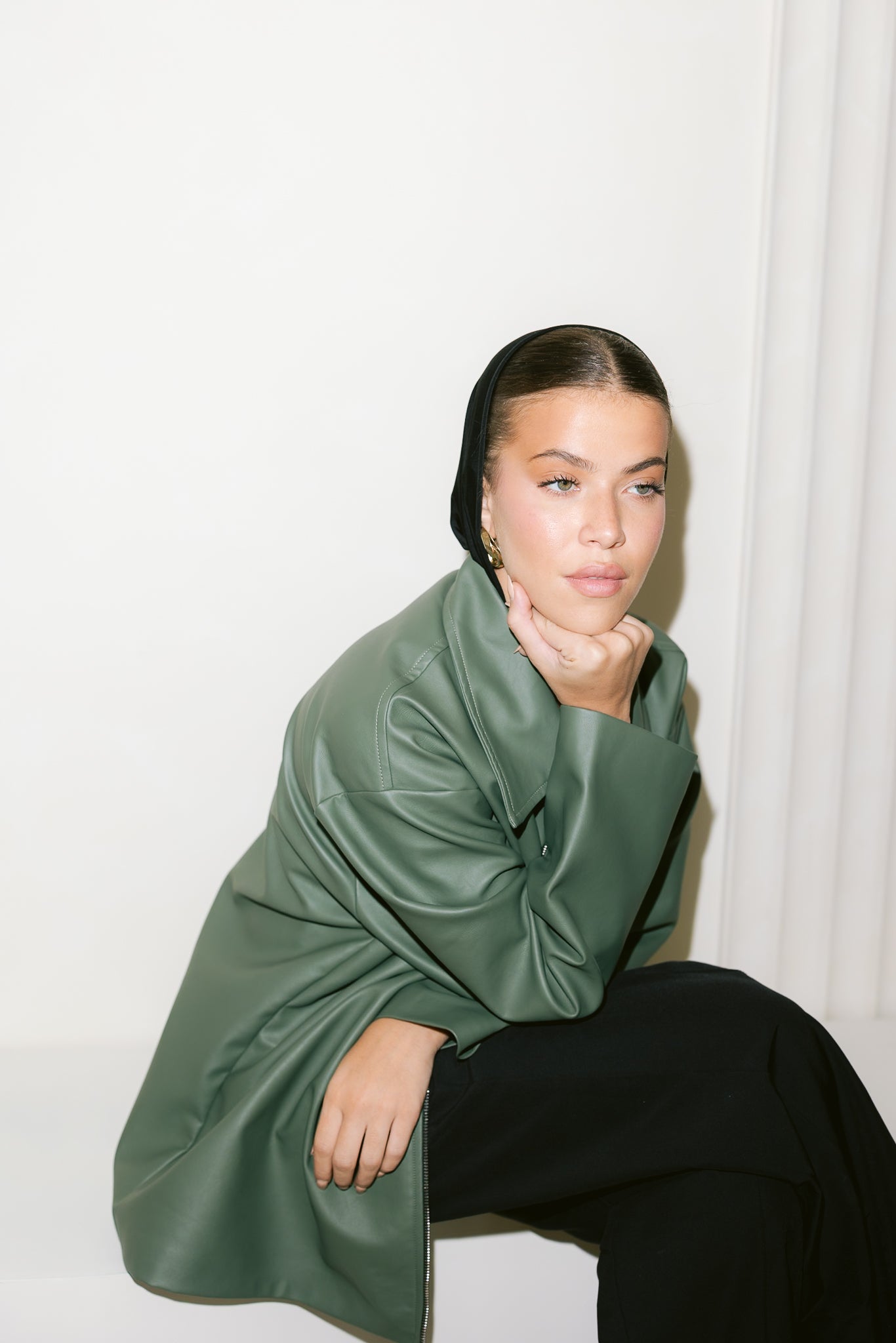 Oversized Straight Leather Jacket - Olive