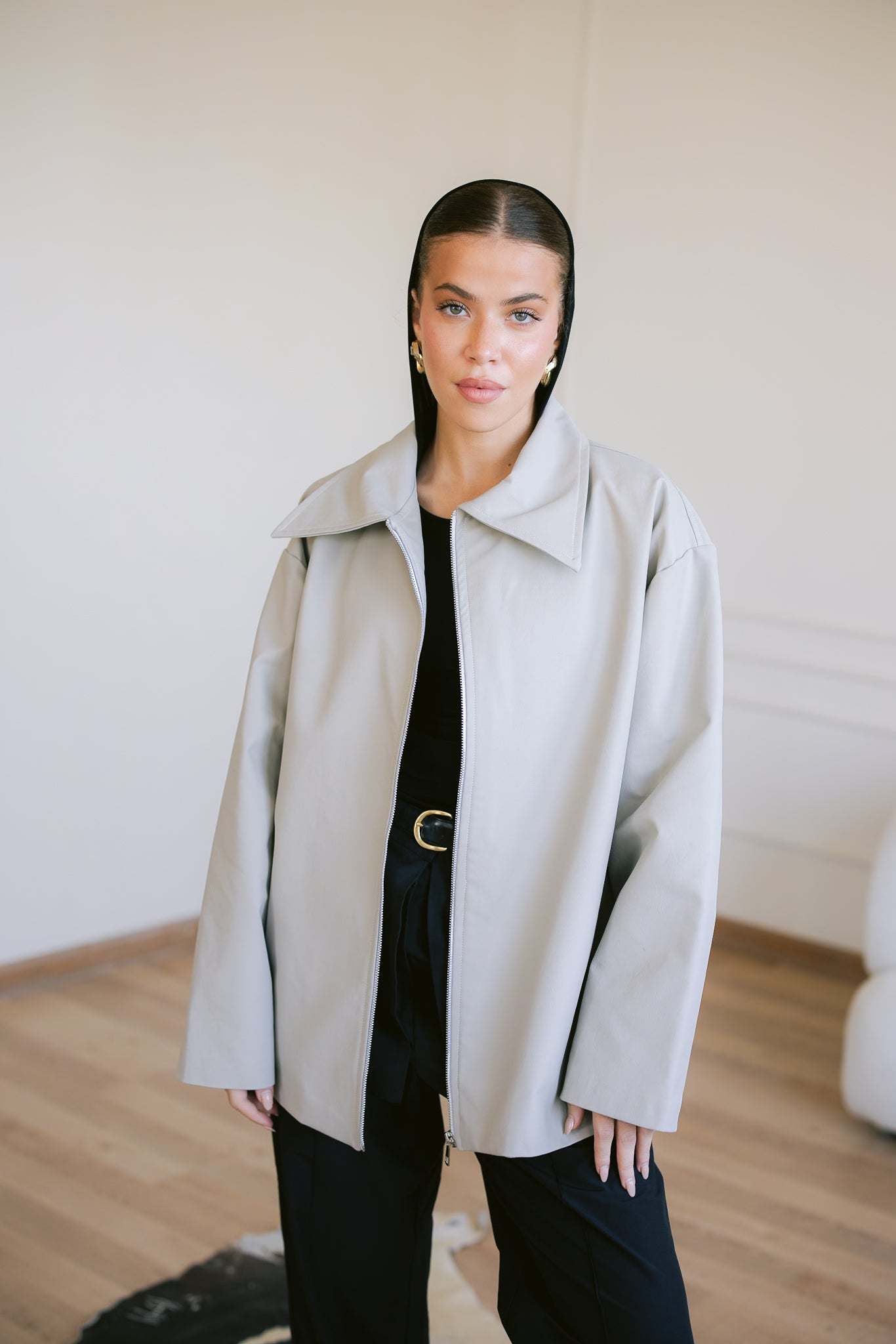 Oversized Straight Leather Jacket - Greige