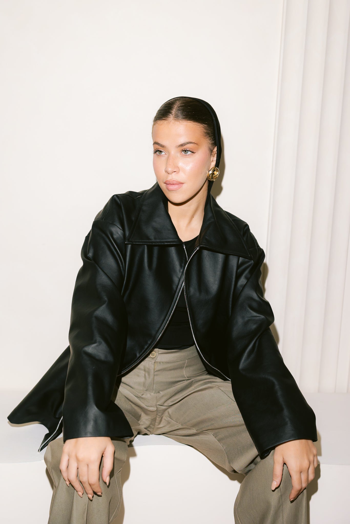 Oversized Straight Leather Jacket - Black