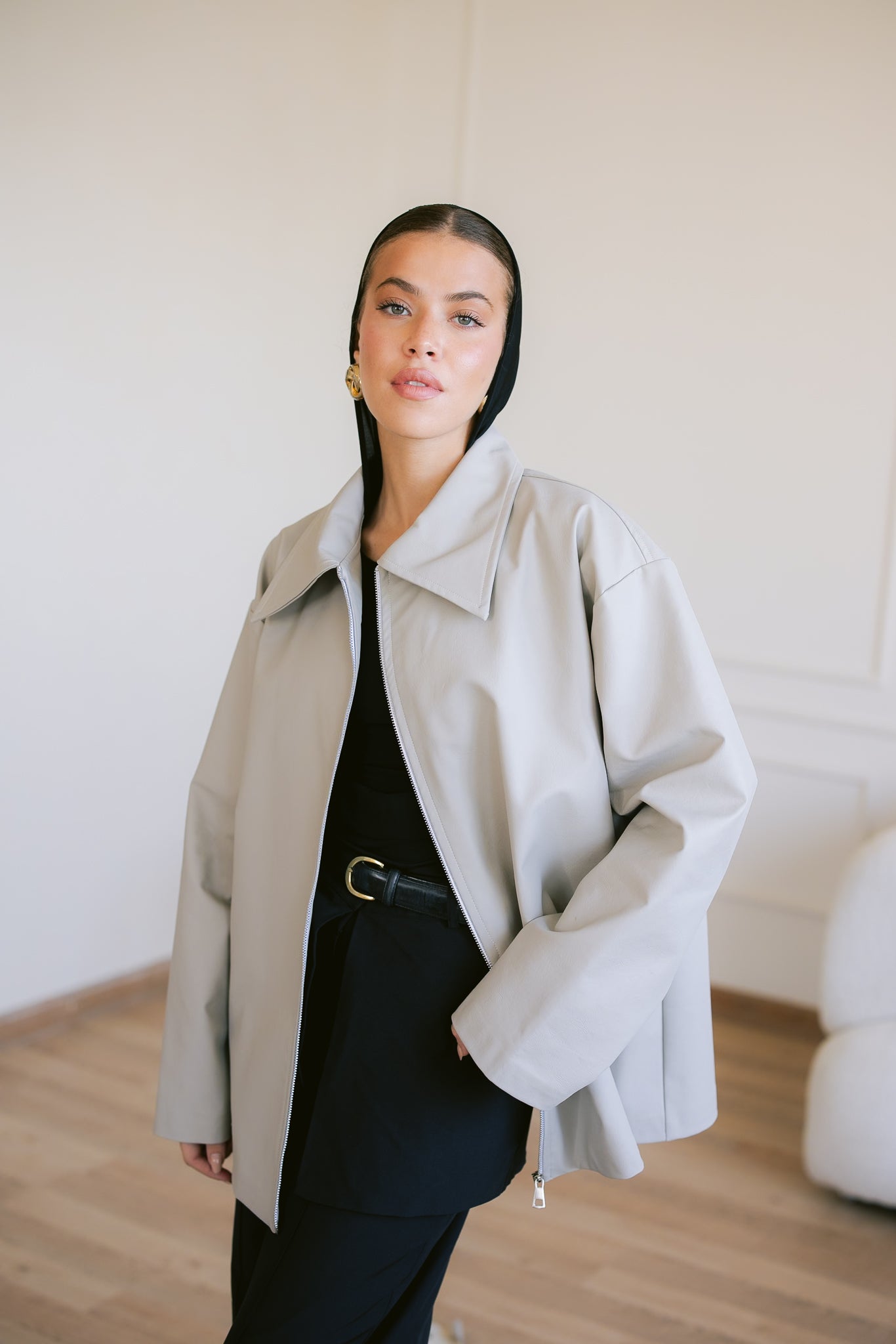 Oversized Straight Leather Jacket - Greige