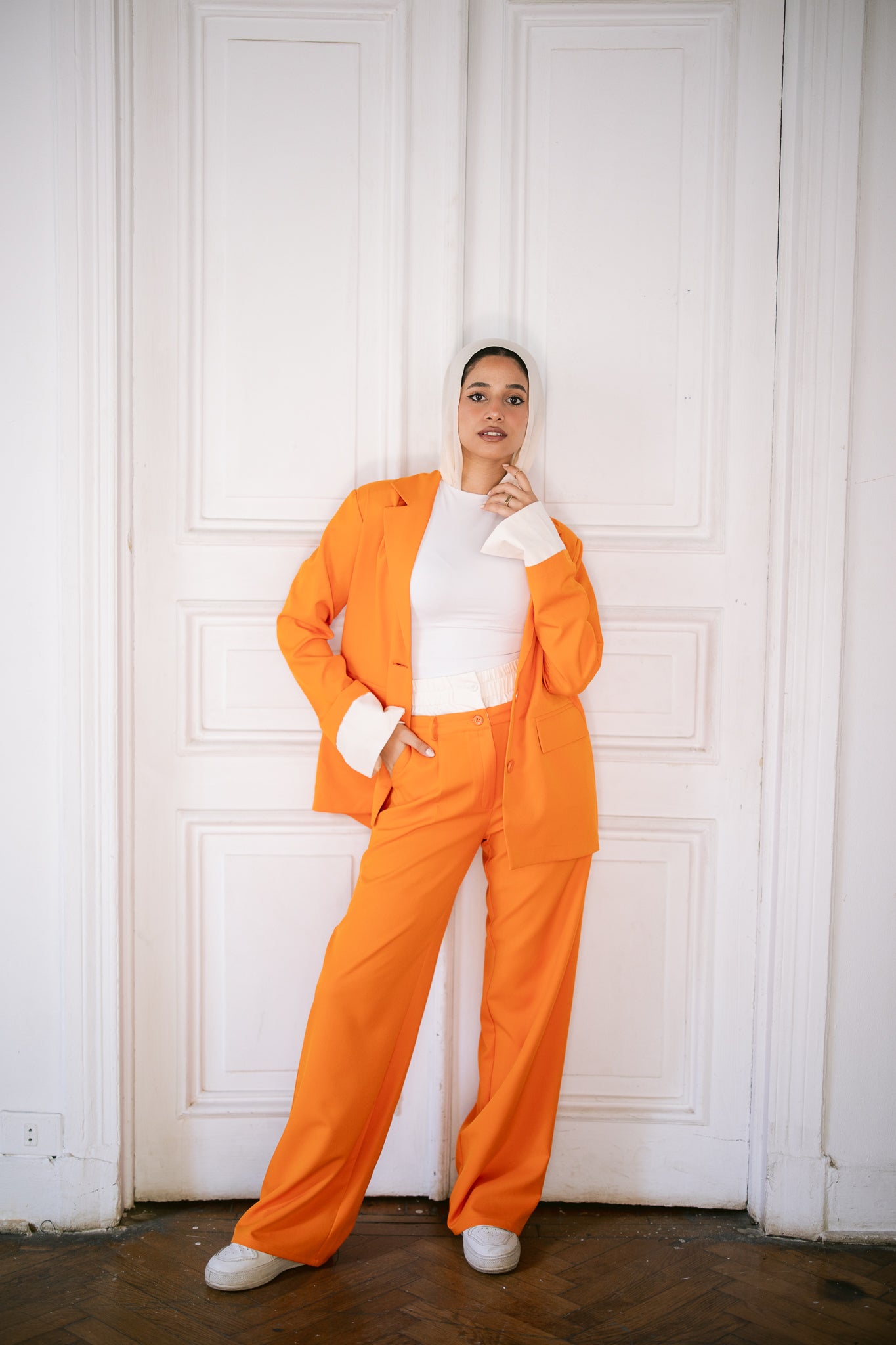 Fold-Over Waist Suit Pants - Coral Orange