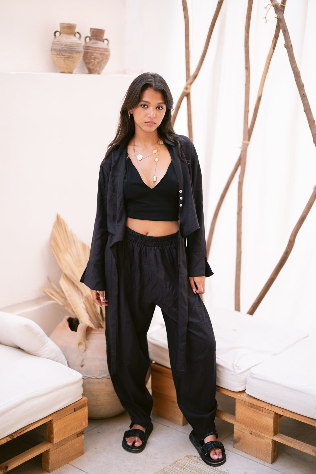 Linen Shirt & Pants Co-Ord in Black