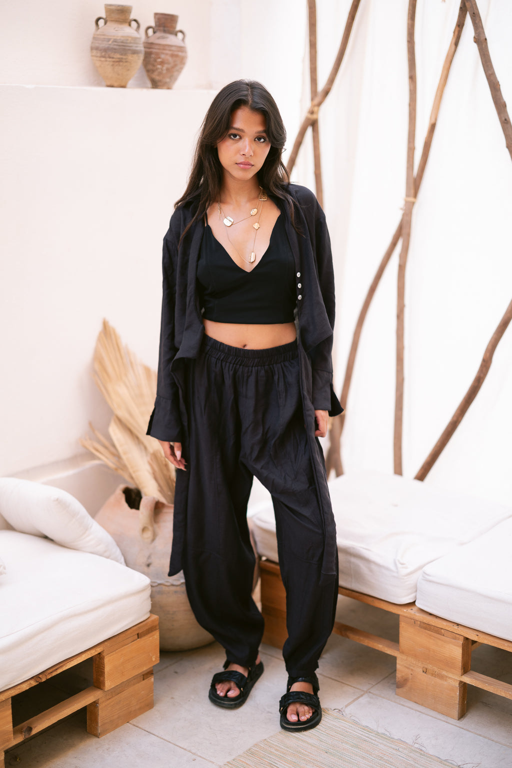 Linen Shirt & Pants Co-Ord in Black