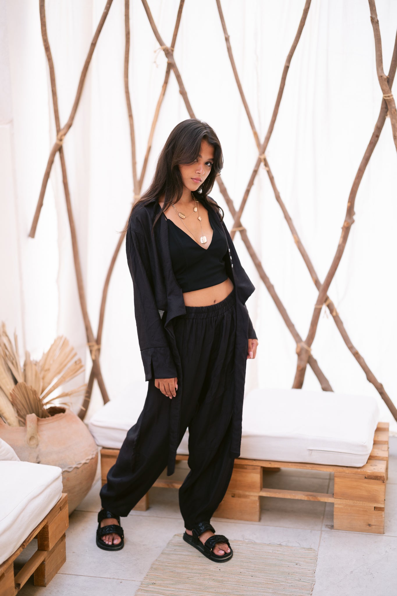 Linen Shirt & Pants Co-Ord in Black