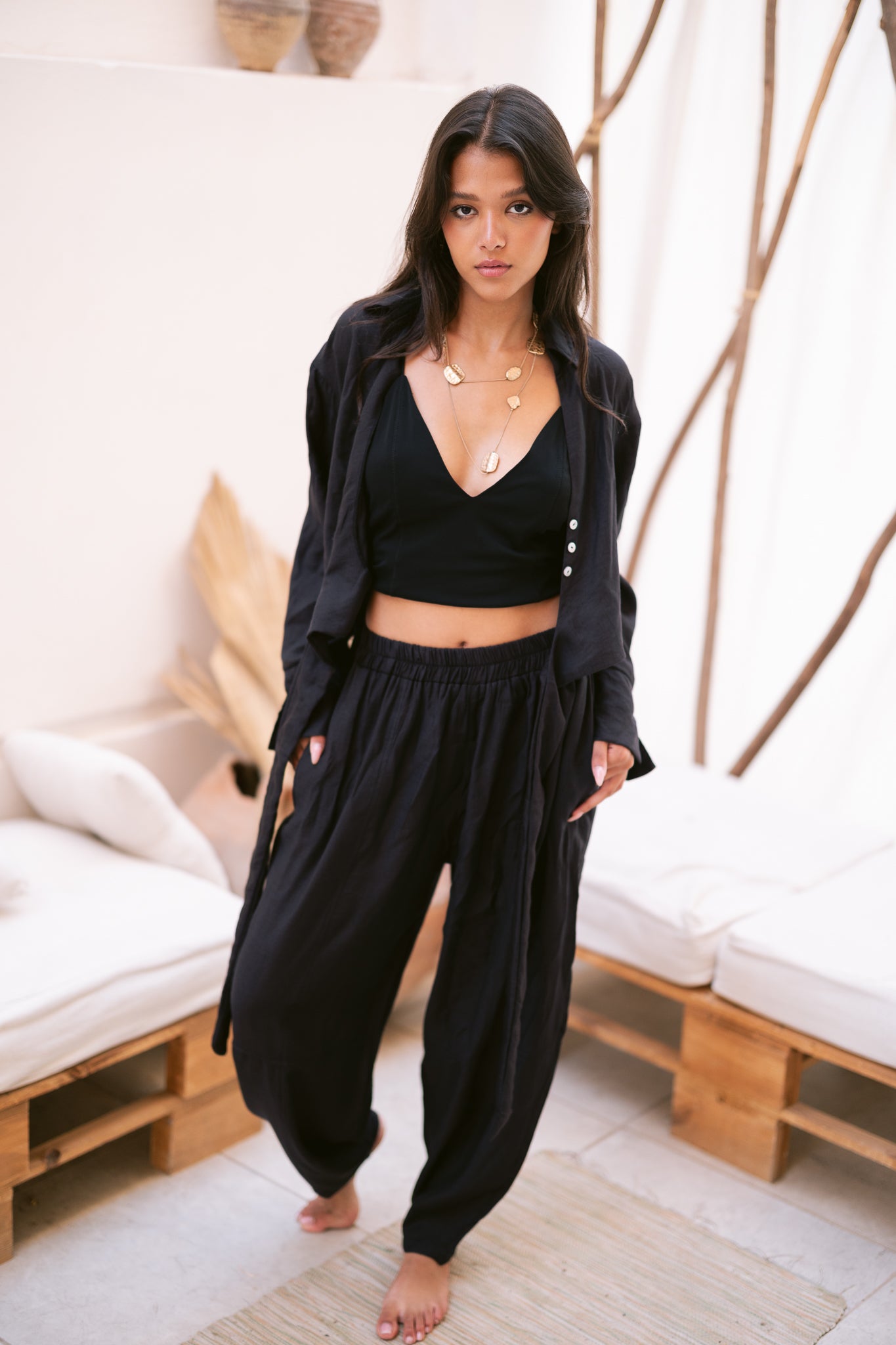 Linen Shirt & Pants Co-Ord in Black