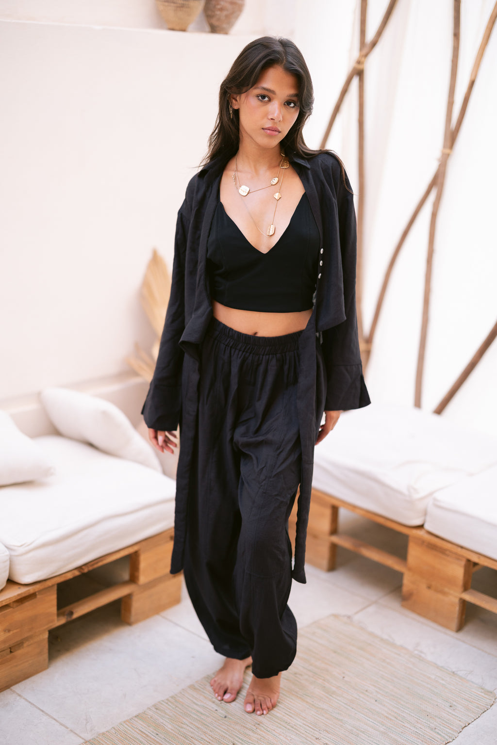 Linen Shirt & Pants Co-Ord in Black
