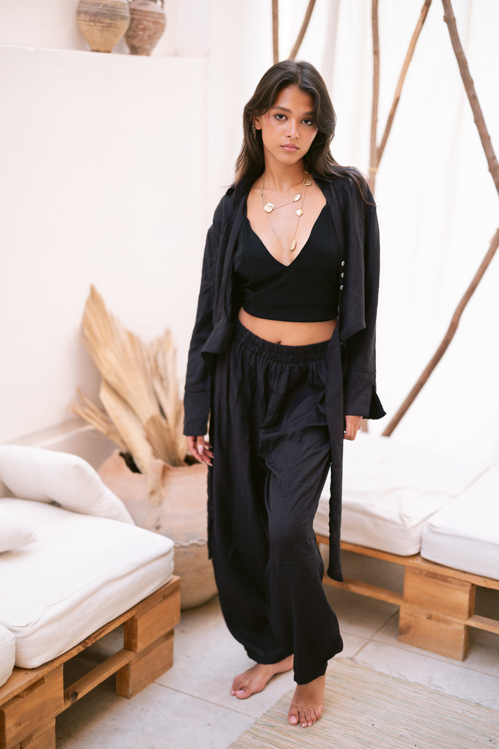 Linen Shirt & Pants Co-Ord in Black