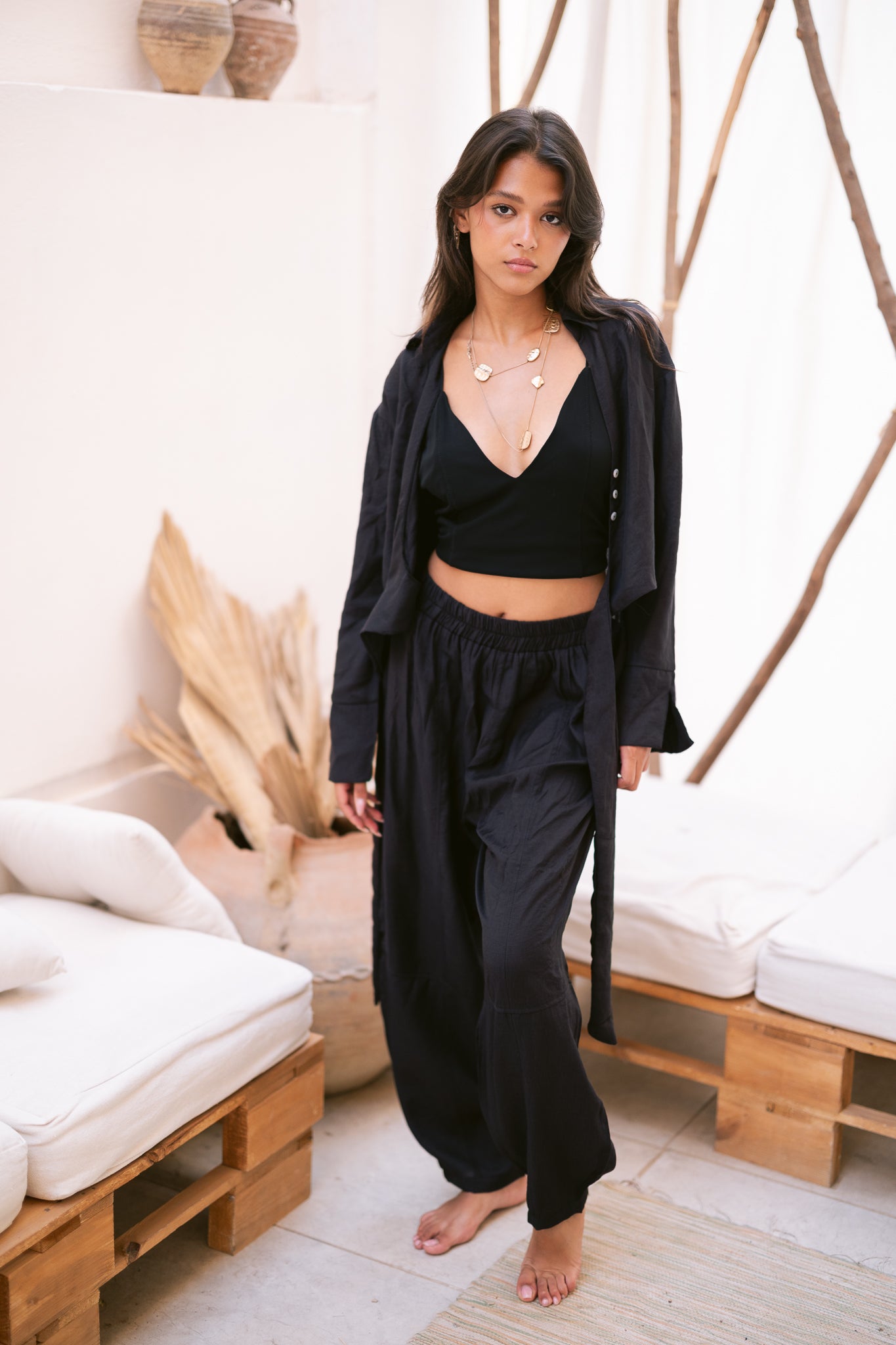 Linen Shirt & Pants Co-Ord in Black