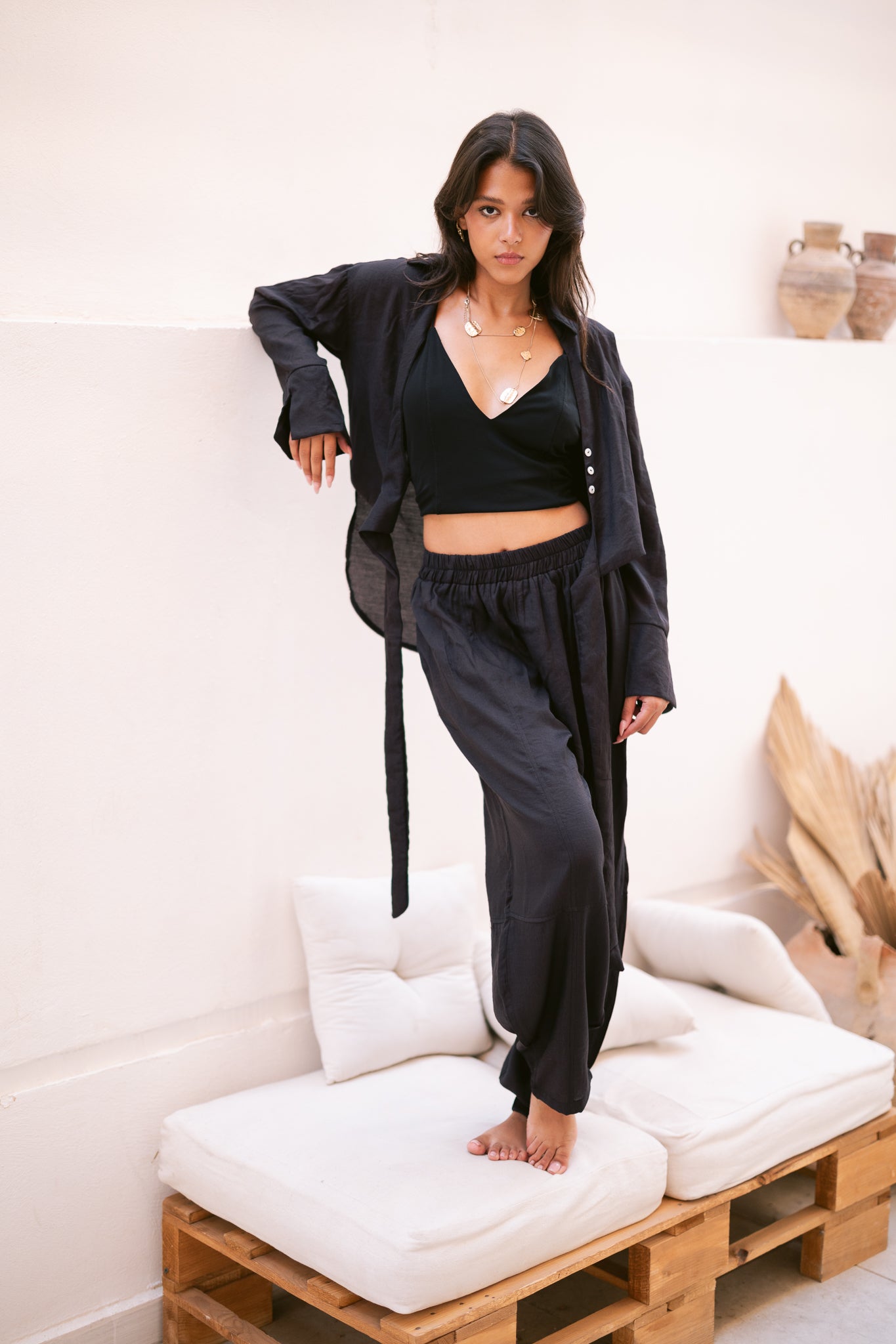 Linen Shirt & Pants Co-Ord in Black