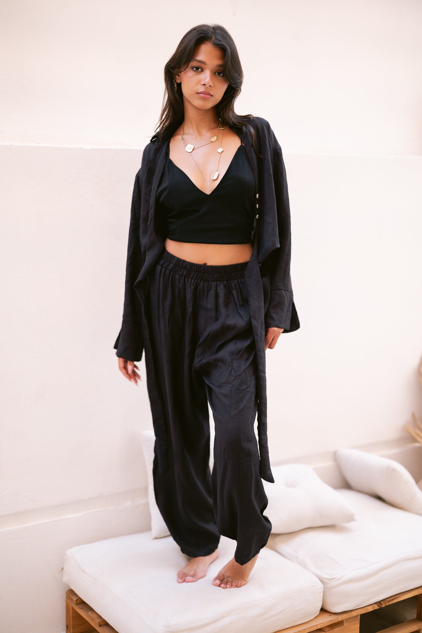 Linen Shirt & Pants Co-Ord in Black