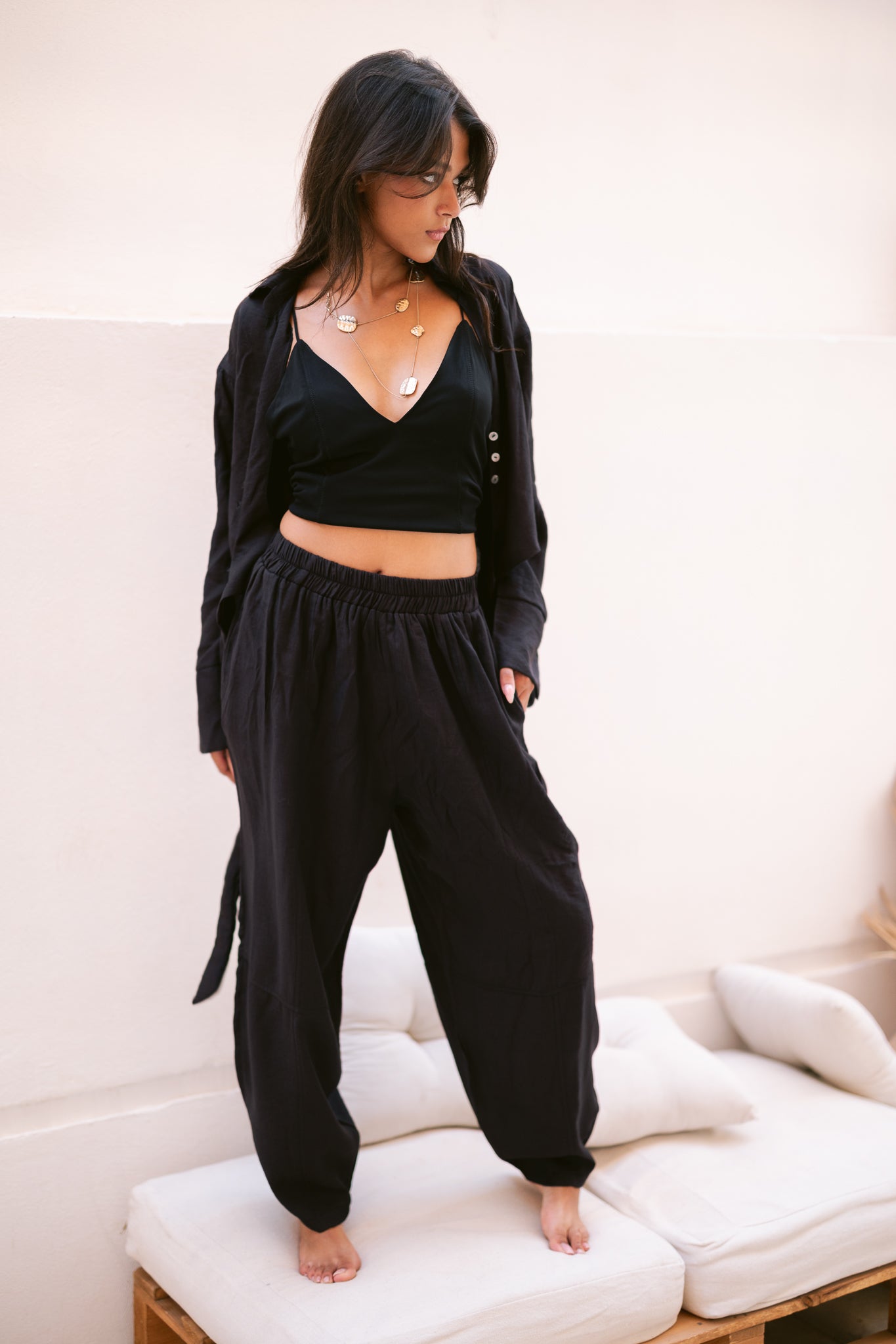 Linen Shirt & Pants Co-Ord in Black
