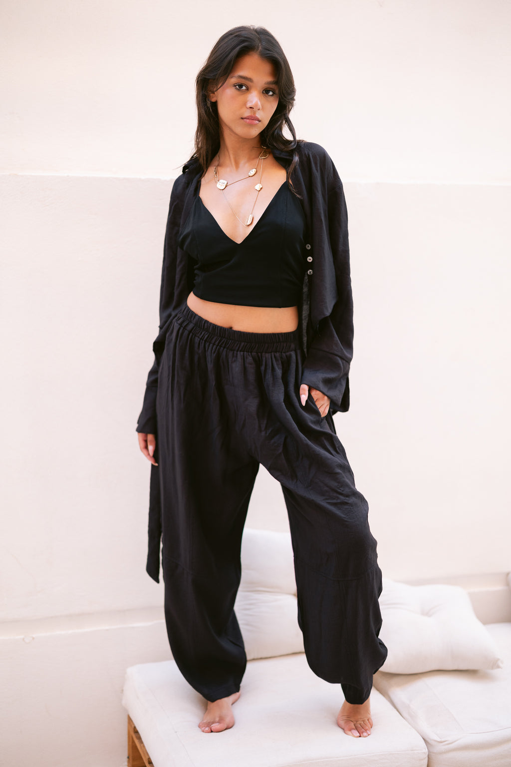 Linen Shirt & Pants Co-Ord in Black