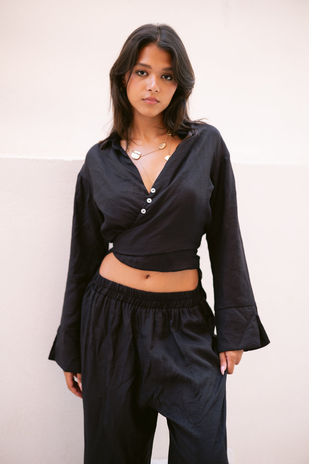 Linen Shirt & Pants Co-Ord in Black