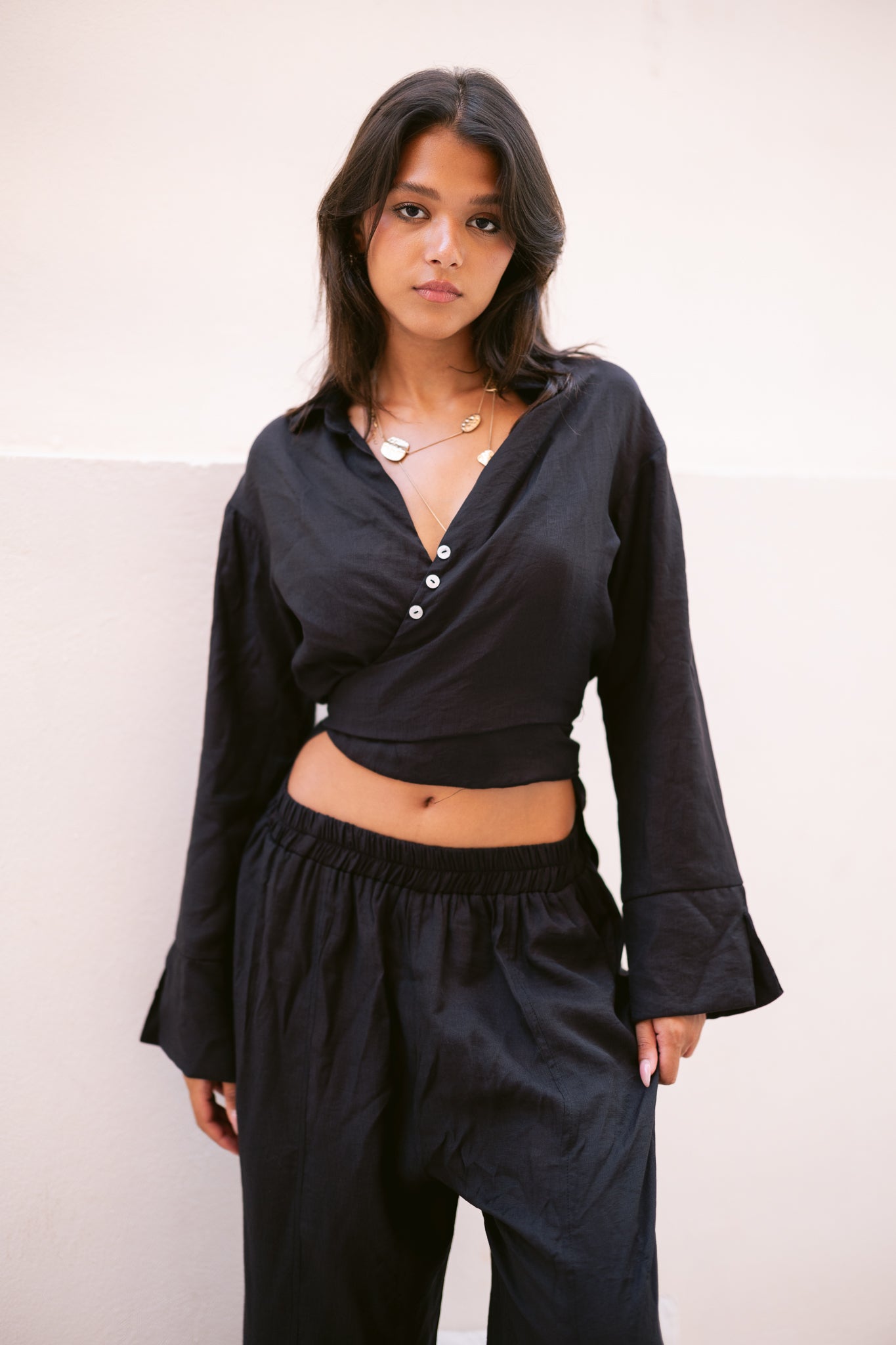 Linen Shirt & Pants Co-Ord in Black
