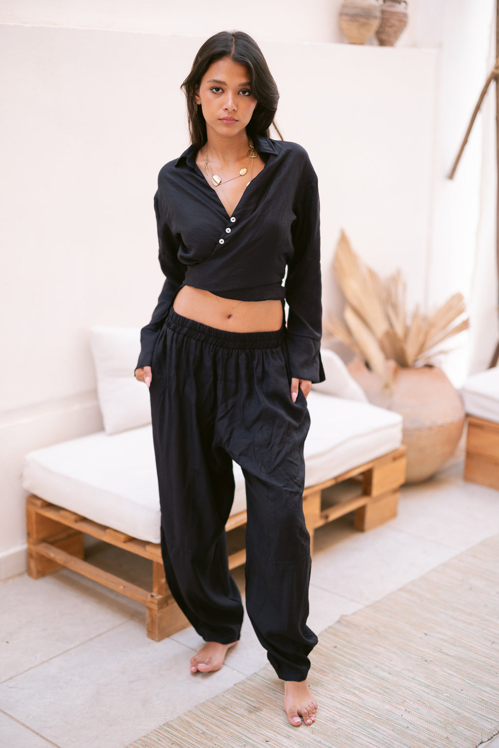 Linen Shirt & Pants Co-Ord in Black