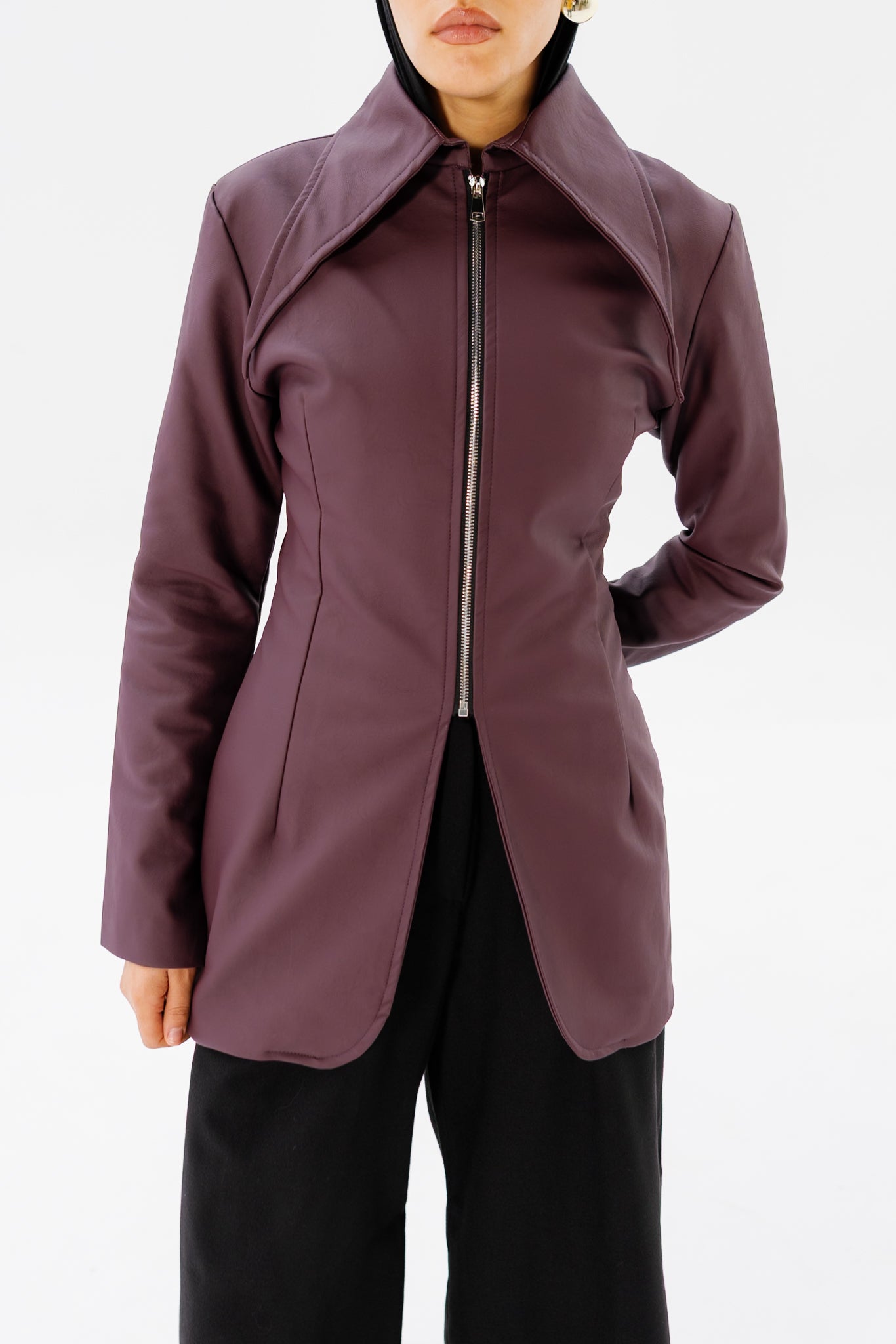 Fitted Leather Jacket - Burgundy