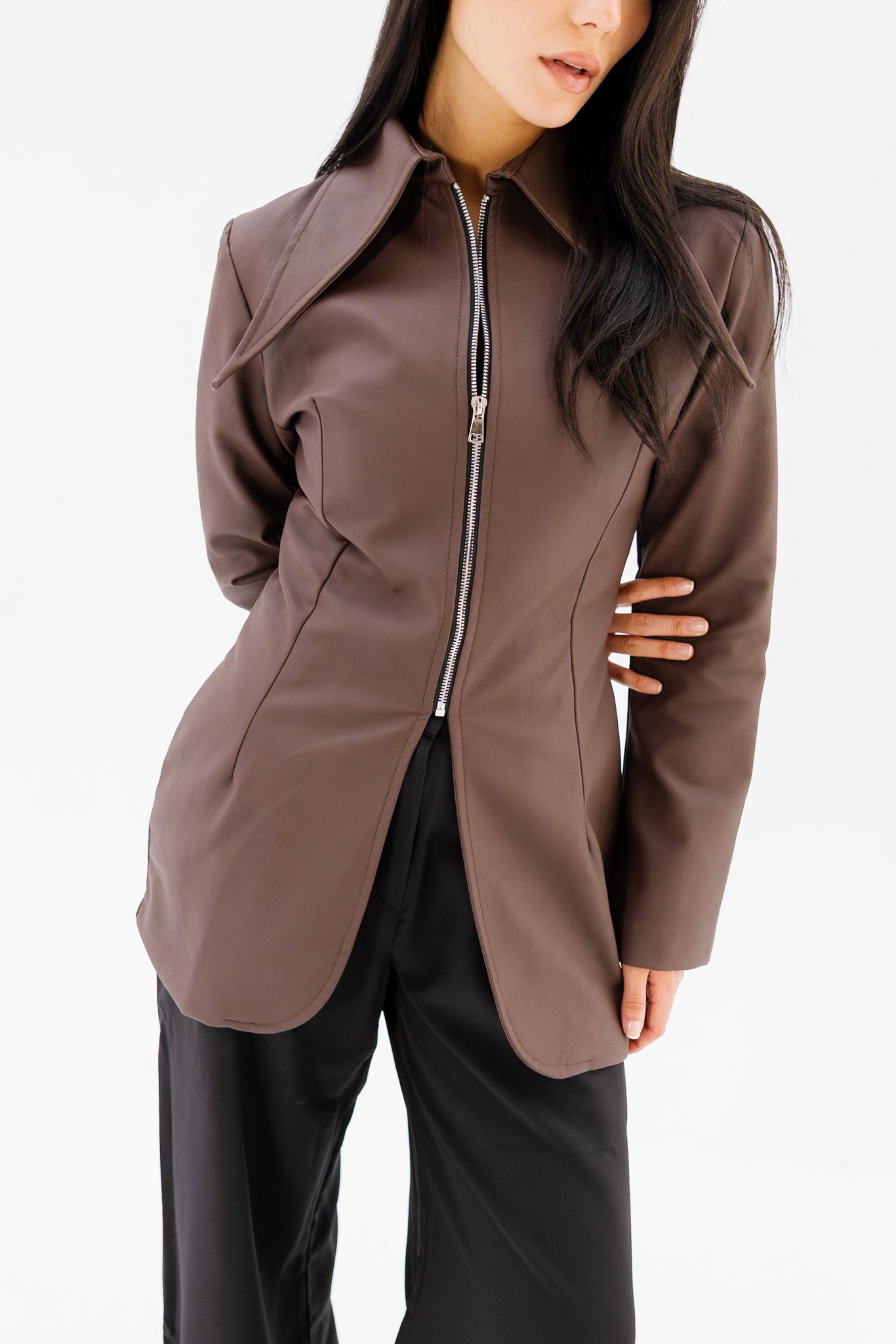 Fitted Leather Jacket - Brown