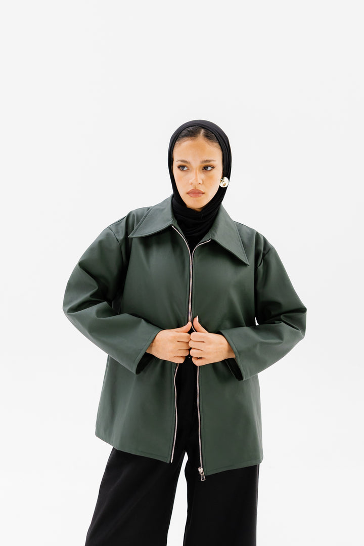 Oversized Leather Jacket - Olive