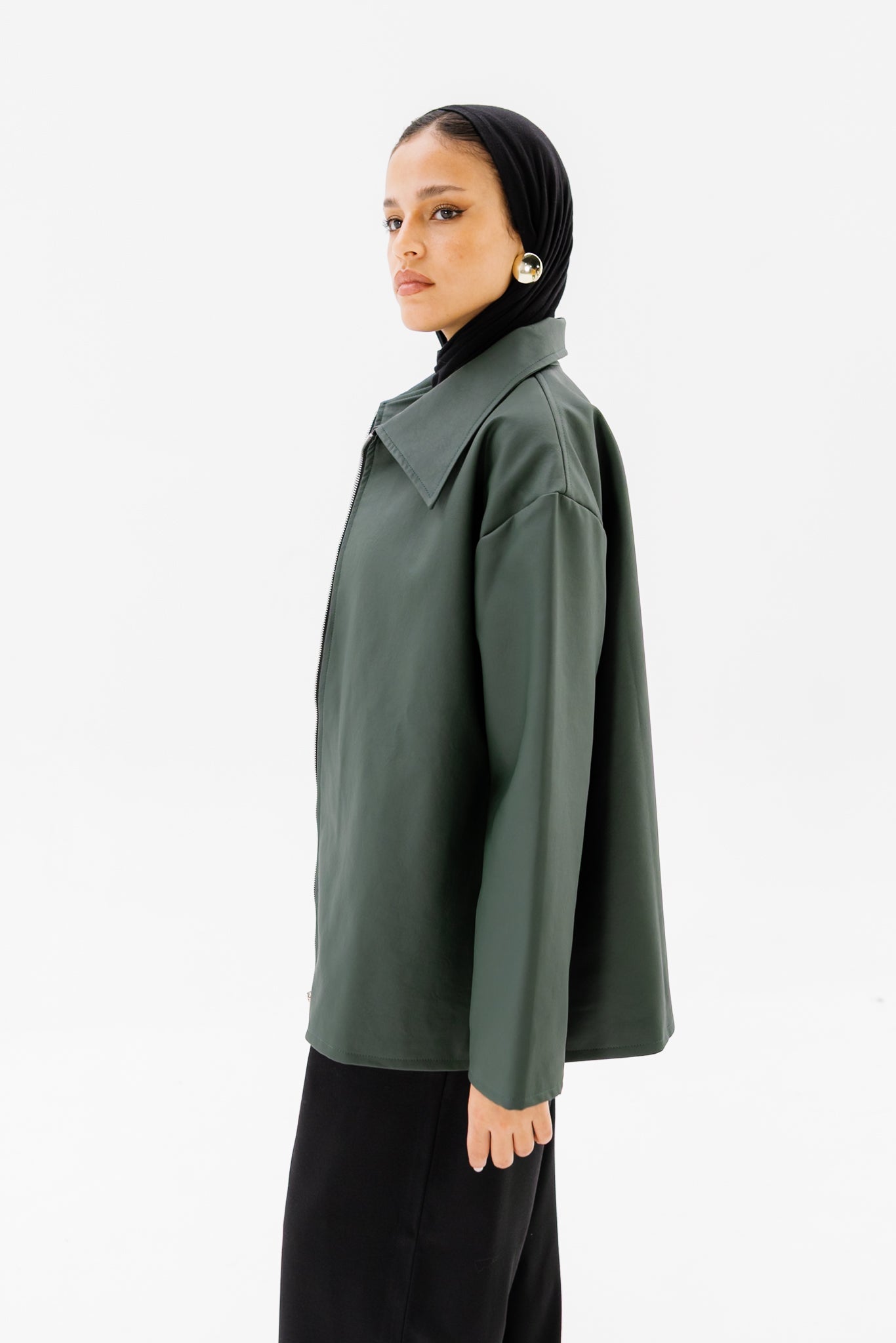 Oversized Leather Jacket - Olive