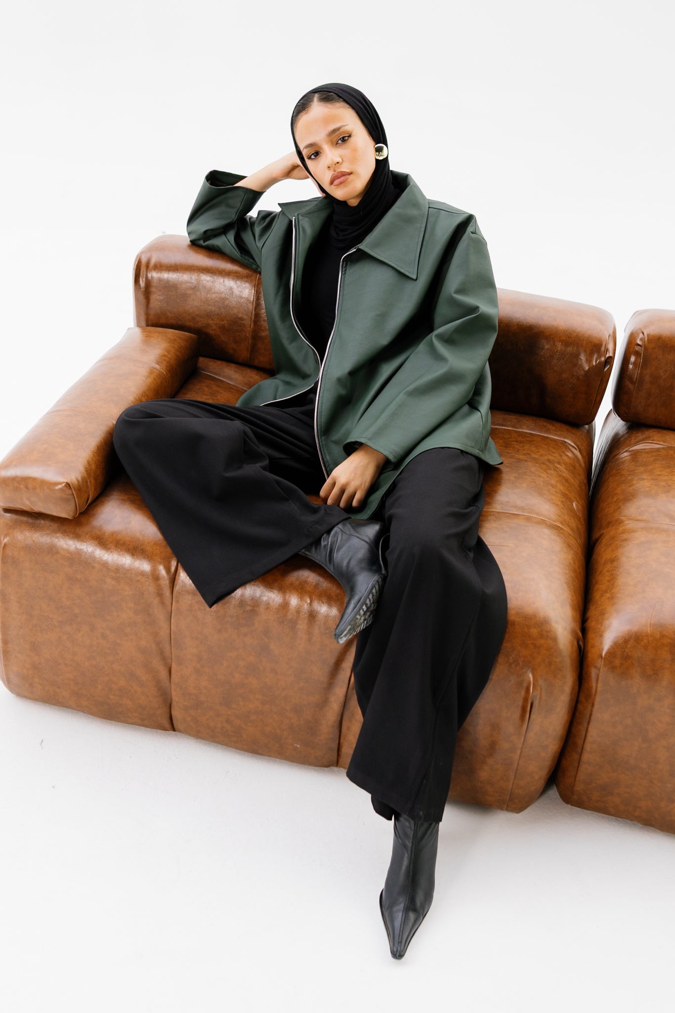 Oversized Leather Jacket - Olive