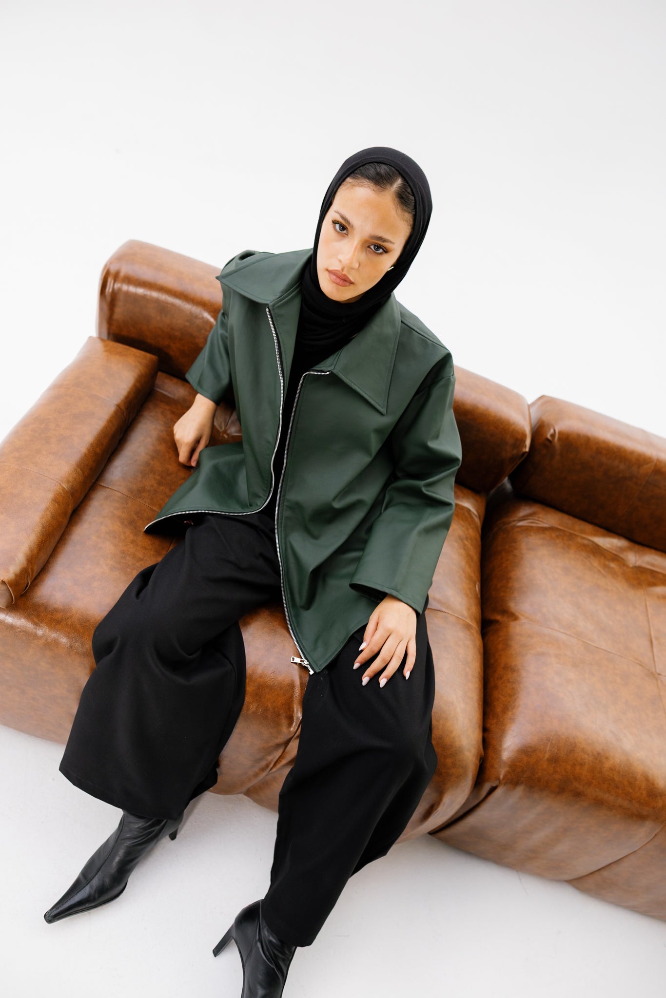 Oversized Leather Jacket - Olive