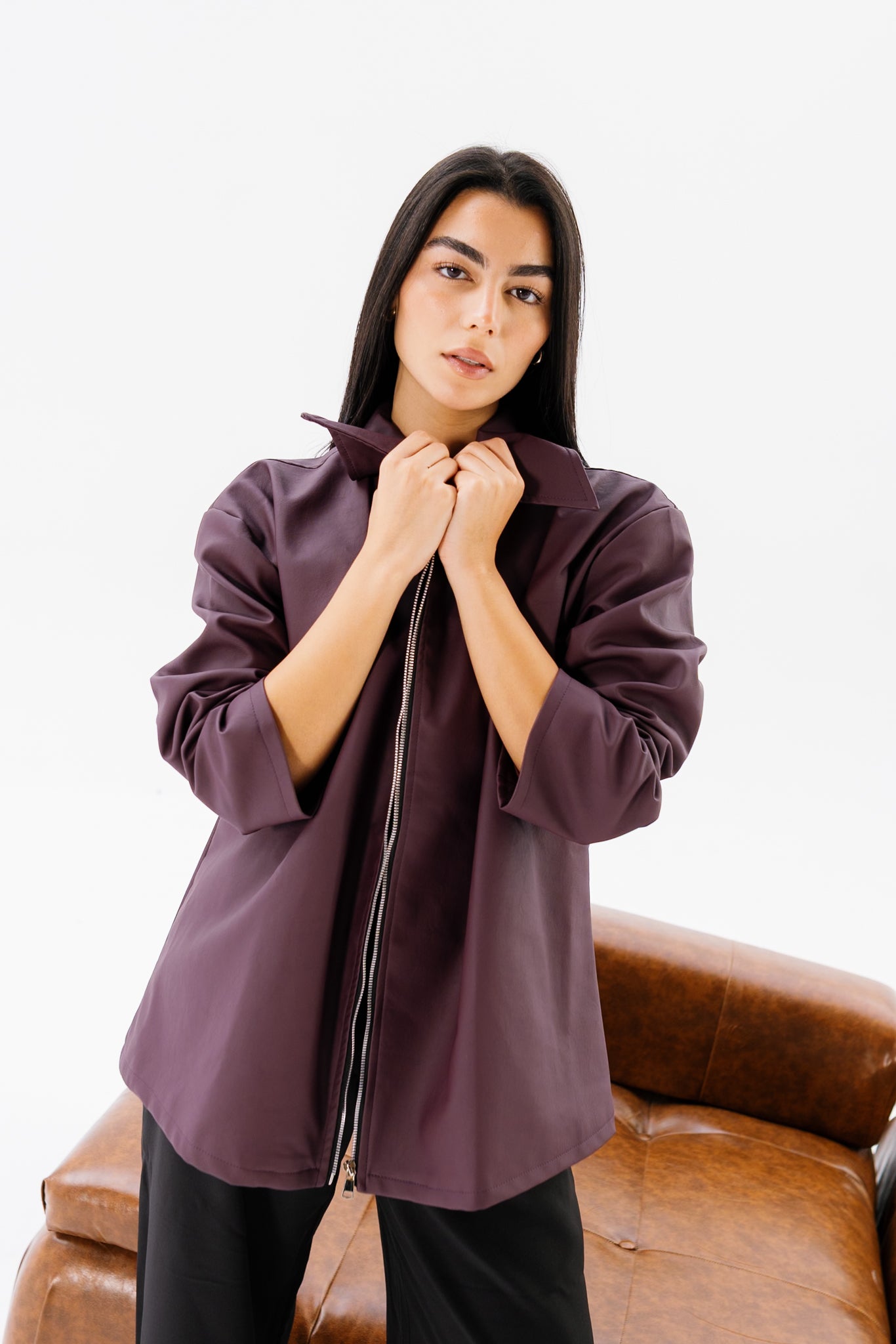 Oversized Leather Jacket - Burgundy