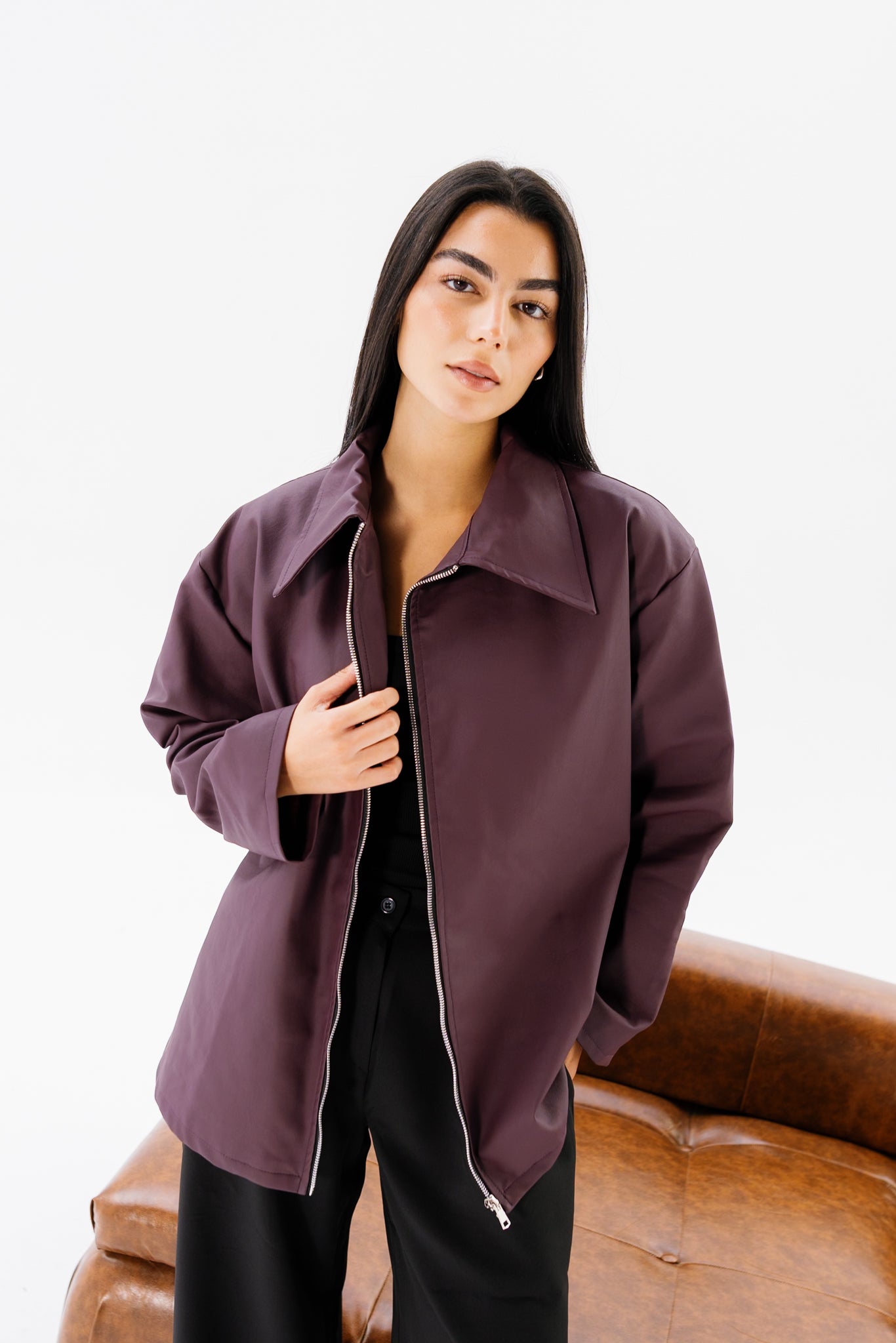 Oversized Leather Jacket - Burgundy