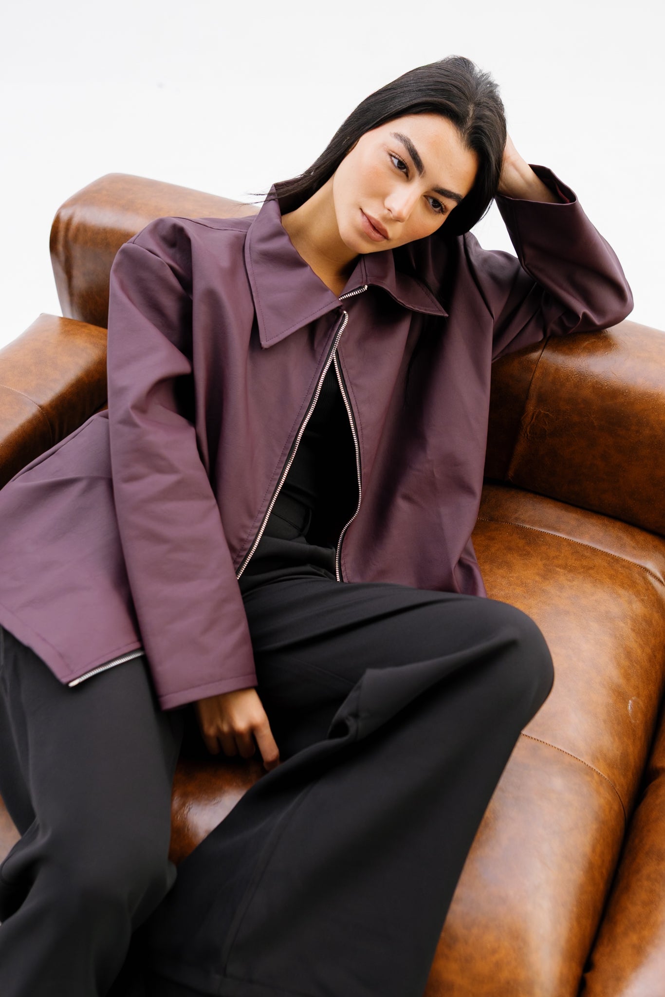 Oversized Leather Jacket - Burgundy