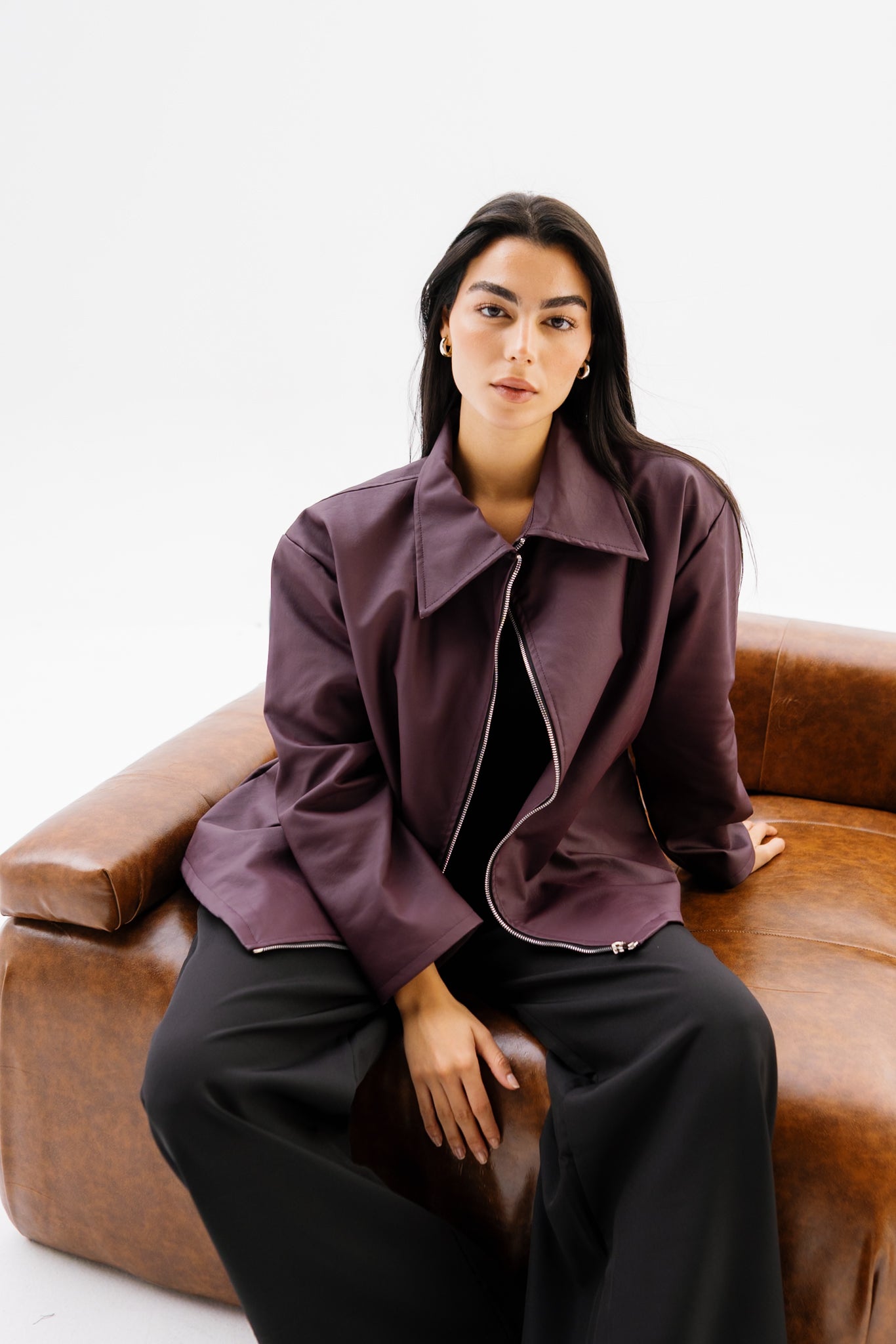 Oversized Leather Jacket - Burgundy