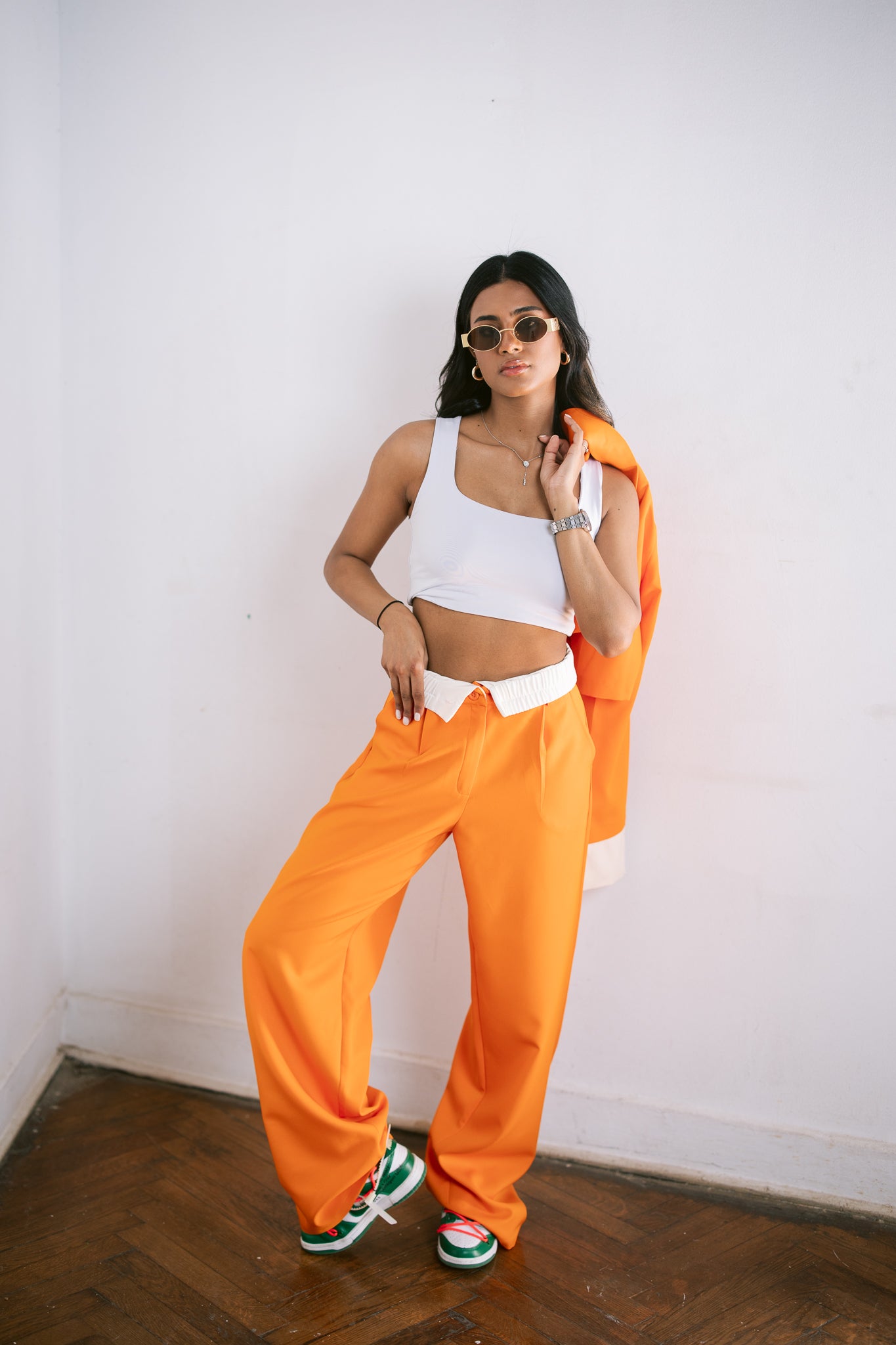 Fold-Over Waist Suit Pants - Coral Orange