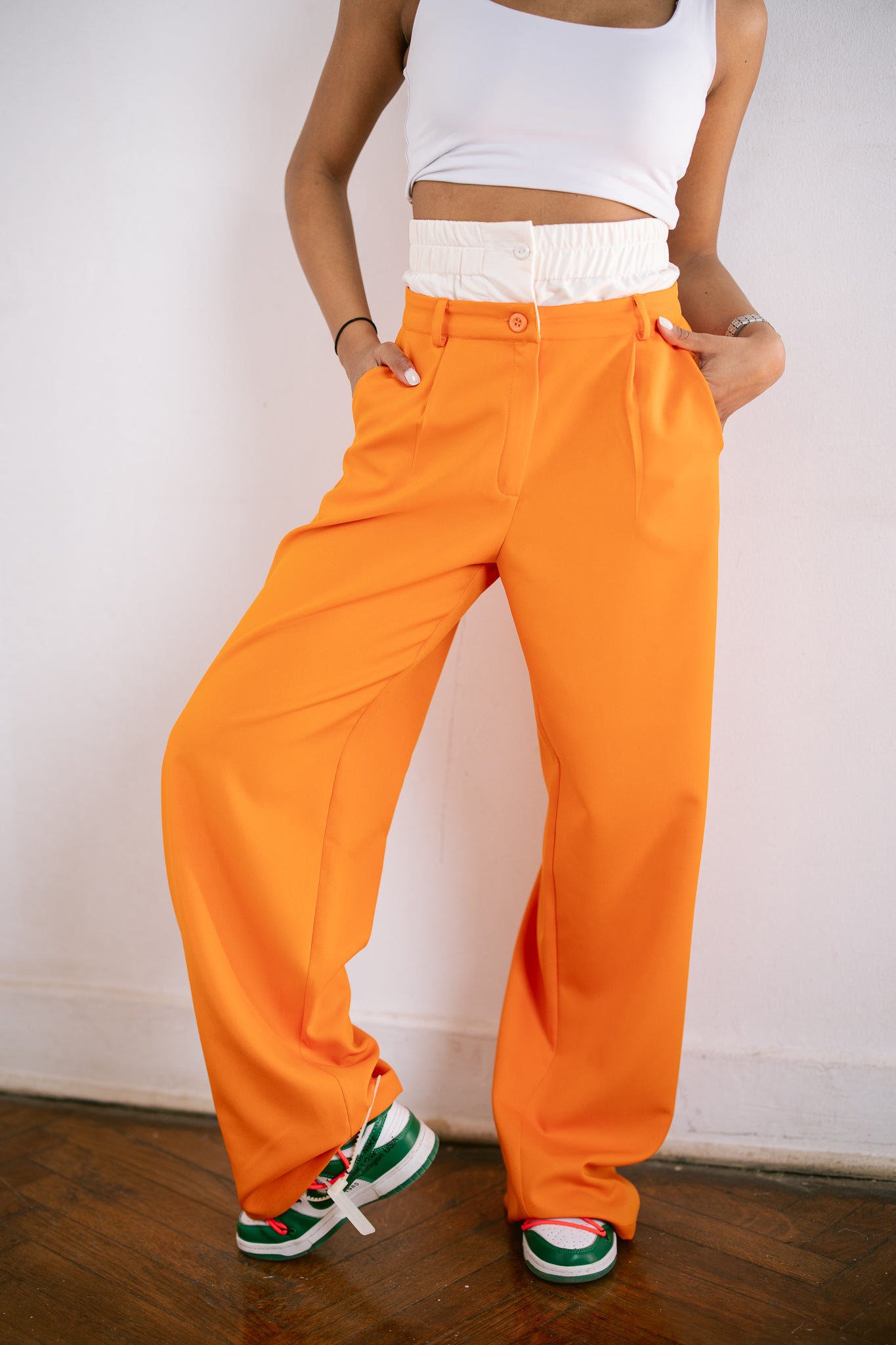 Fold-Over Waist Suit Pants - Coral Orange